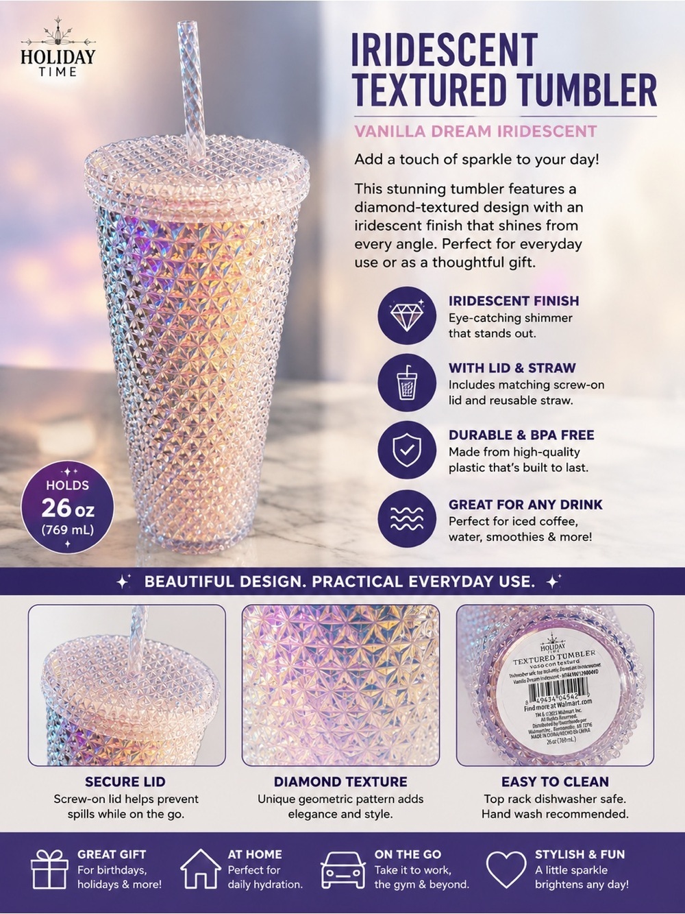 Holiday Time Iridescent Textured Tumbler with Straw - Clear/Opalescent